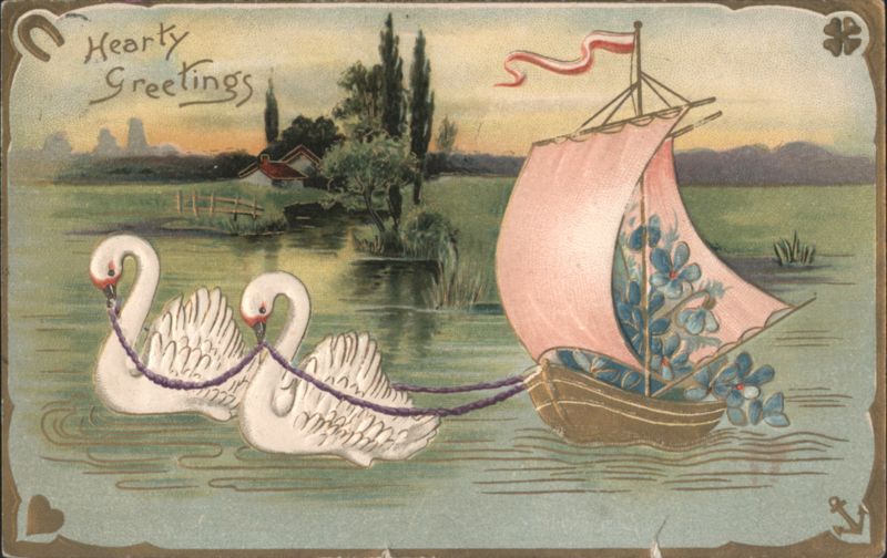Hearty Greetings Swans Pulling Sailboat with Pink Sail & Floral Design