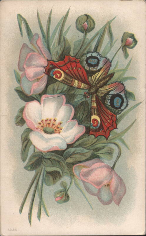 Butterfly with Red Wings and Pink & White Flowers Illustration