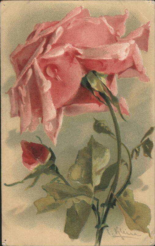 Pink Rose and Bud with Green Foliage, Artist Signed Heim