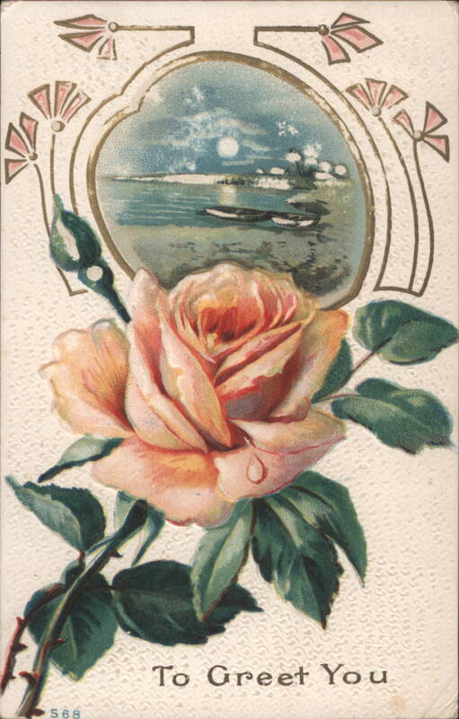 Elegant Peach Rose with Moonlit Water Scene - To Greet You