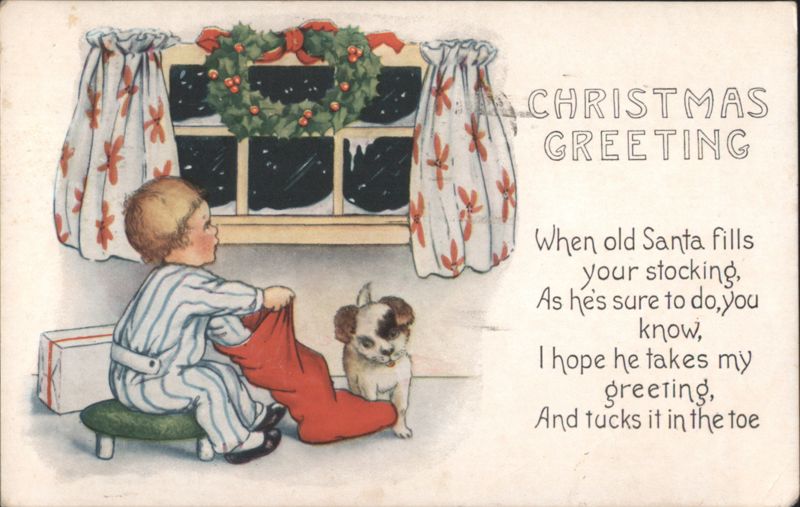 Boy in Pajamas with Puppy Filling Christmas Stocking