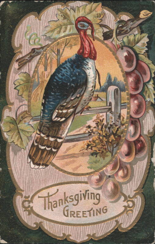 Thanksgiving Greeting with Turkey and Grapes, Rural Landscape