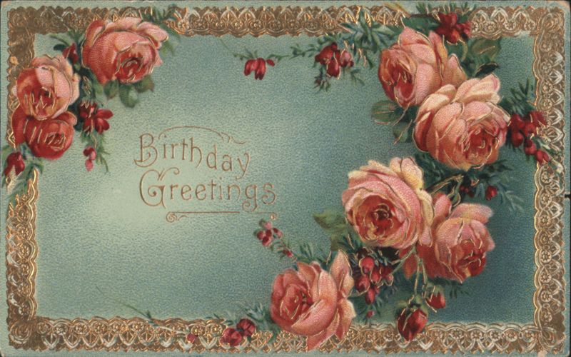 Birthday Greetings with Pink and Red Roses and Ornate Gold Border