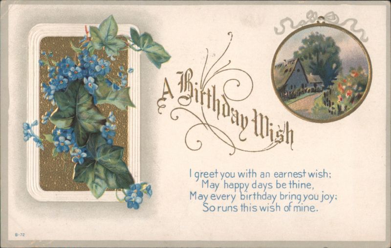 A Birthday Wish with Blue Flowers and Countryside Scene