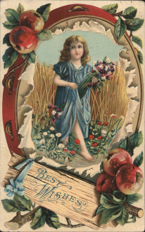 Best Wishes: Young Girl in Wheat Field with Flowers and Apples