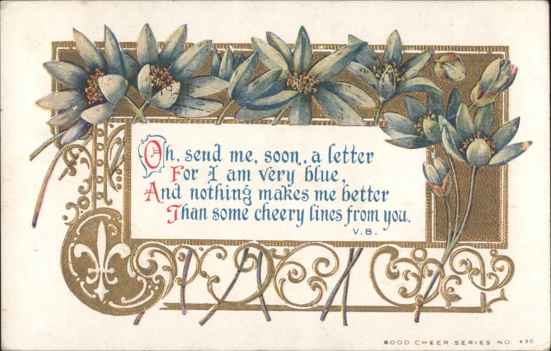 Poem 'Oh, send me, soon, a letter' with Blue Flowers and Gold Ornate Frame