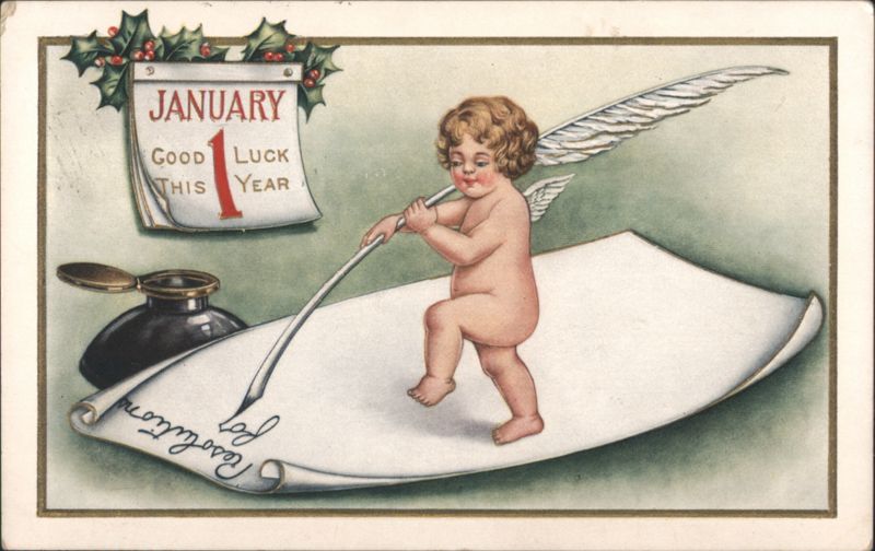 Cherub Writing New Year's Resolutions, January 1 Good Luck