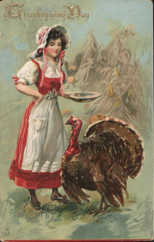 Thanksgiving Day Woman with Pan and Turkey in Harvest Scene