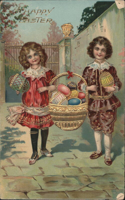 Happy Easter Children with Decorated Eggs and Basket