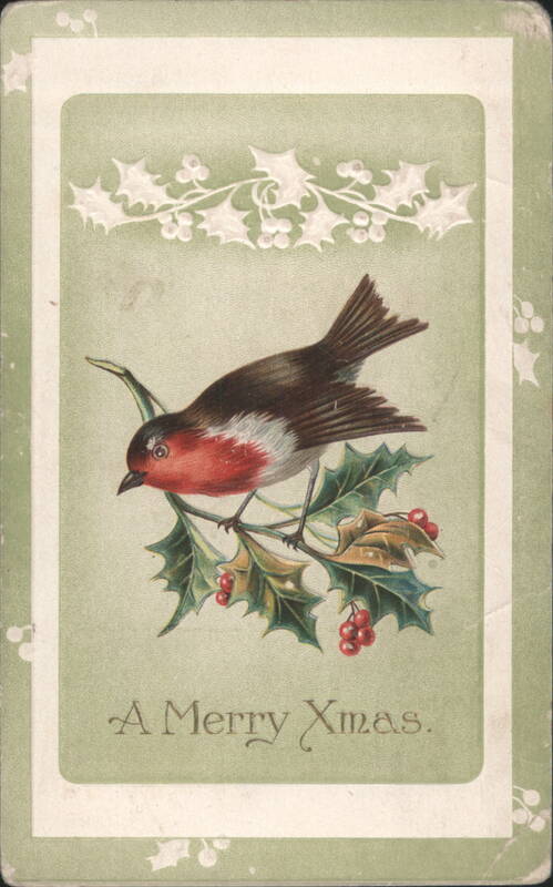 A Merry Xmas Robin on Holly Branch, 1910 Birds