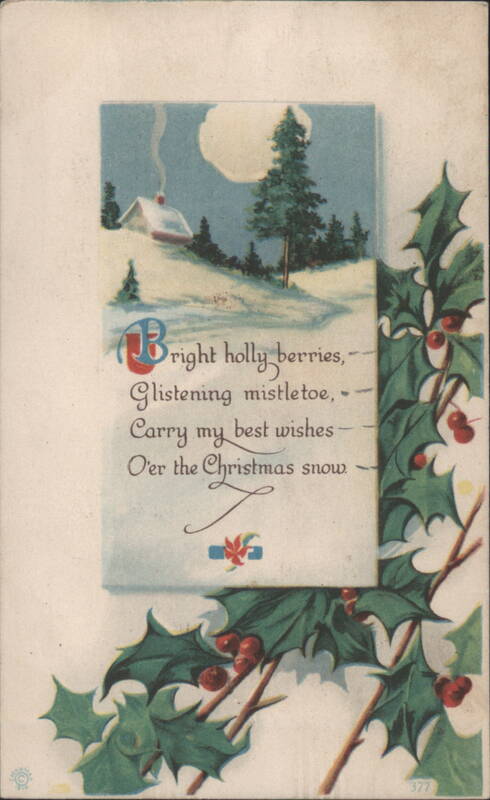 Bright Holly Berries, Christmas Snow Scene with Moonlit Cabin & Evergreen Trees