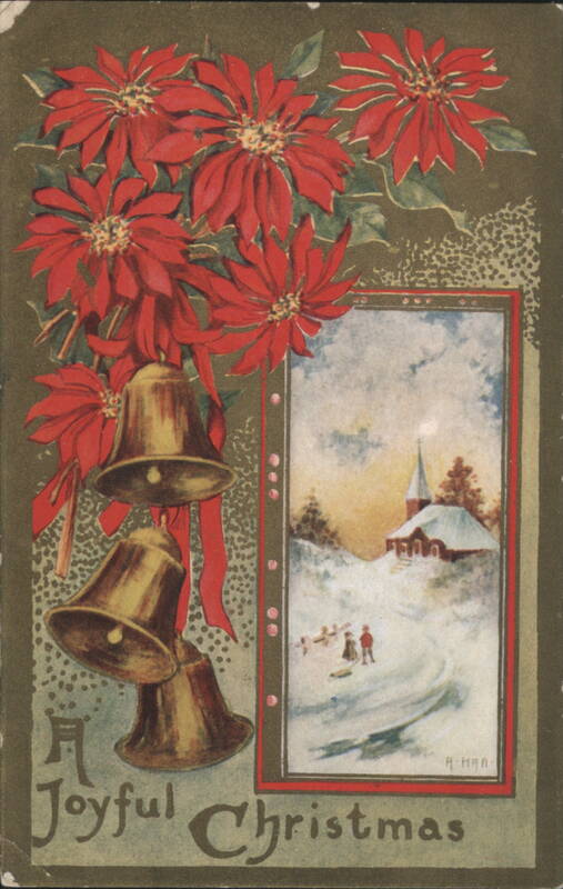 Joyful Christmas Poinsettias, Bells & Winter Village Scene