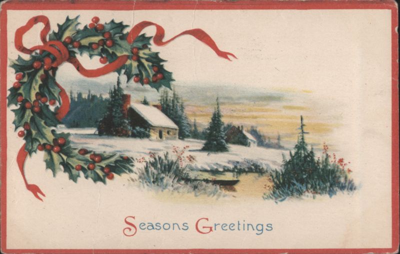 Seasons Greetings Holly Wreath & Snowy Village - Christmas