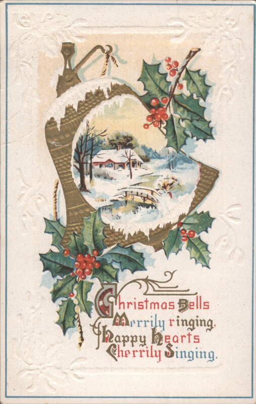 Christmas Bells with Snowy Winter Scene and Holly