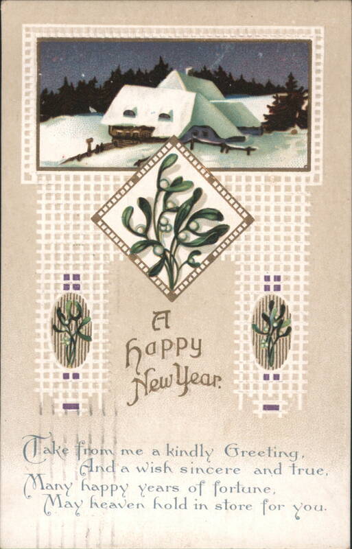 Happy New Year Greeting, Winter Scene with Snow & Mistletoe