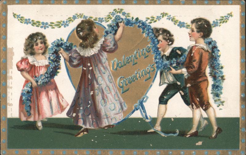 Children with Floral Garland Heart for Valentine Greetings