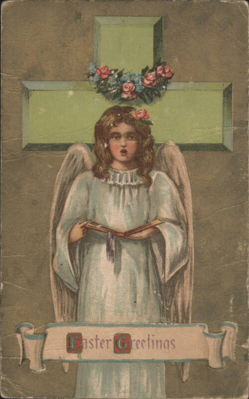 Easter Greetings Angel with Open Book and Floral Cross