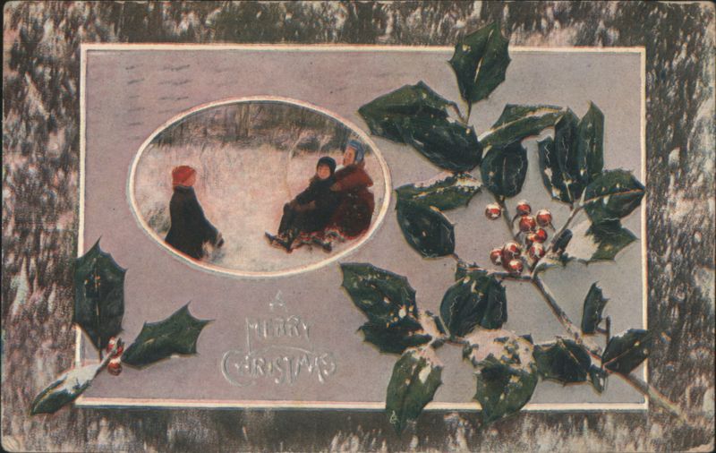Merry Christmas: Children in Snowy Winter Scene with Holly