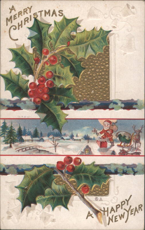 Merry Christmas & Happy New Year with Holly, Santa Claus & Winter Scene