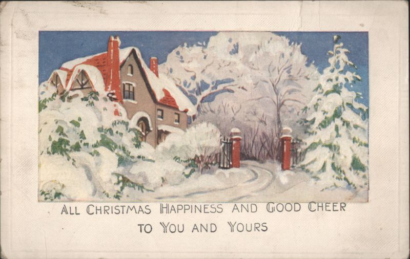 Snowy House Landscape with Christmas Greetings