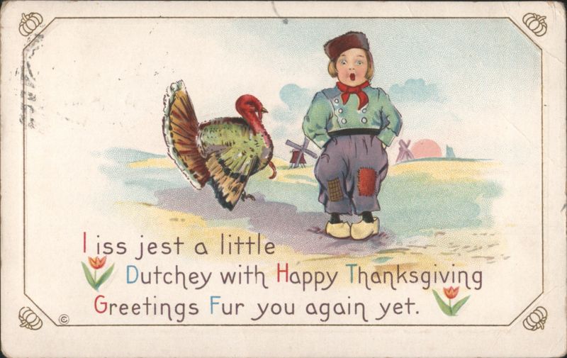 Humorous Dutch Boy and Turkey for Happy Thanksgiving Greetings