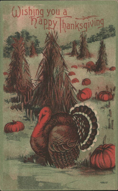 Happy Thanksgiving Greeting: Turkey, Pumpkins & Corn Shocks
