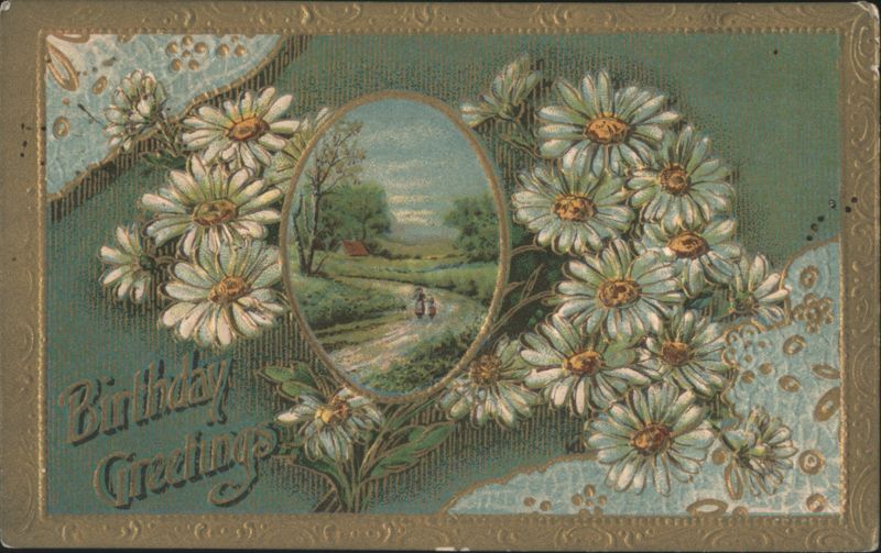 Birthday Greetings, Daisies, Rural Landscape, Printed in Germany