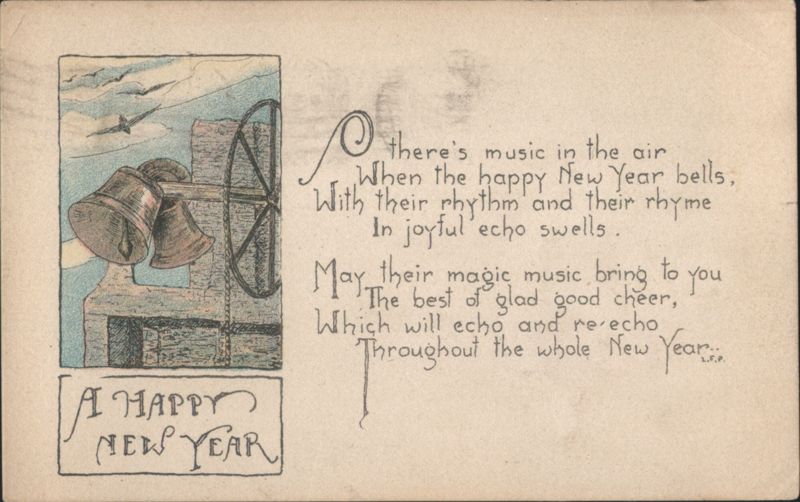 Happy New Year Bells & Poem Greeting with Birds and Wheel