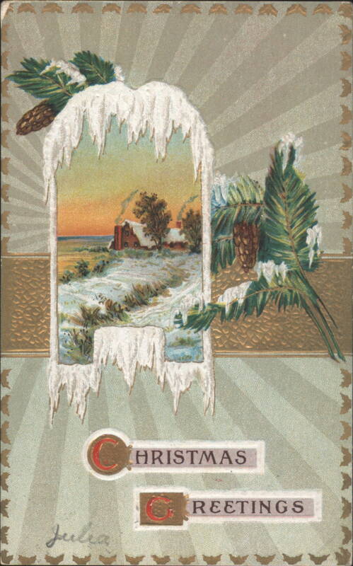 Christmas Greetings Icicle Frame Snowy Landscape Pinecones