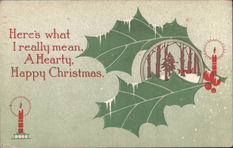 A Hearty, Happy Christmas Greeting with Holly, Candles & Snowy Forest