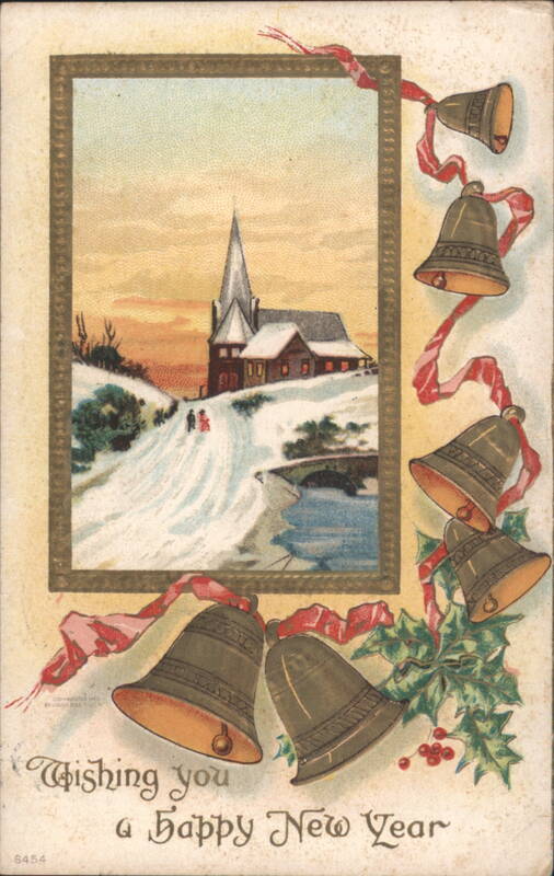 Snowy Church Scene, Bells & Holly, Happy New Year Greeting
