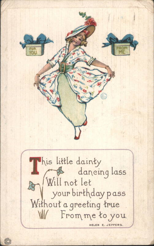 Dancing Woman in Floral Dress & Hat, Birthday Greeting by Helen E. Jeffers