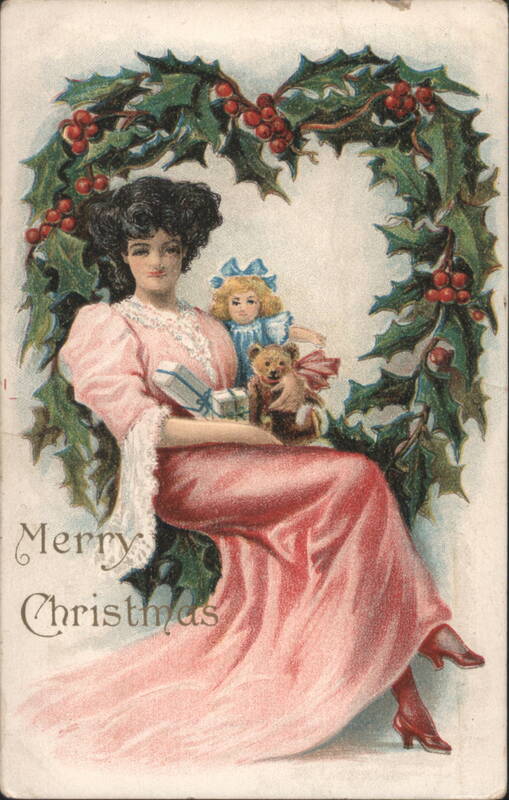Merry Christmas Woman with Holly Wreath, Doll, Teddy Bear & Gifts