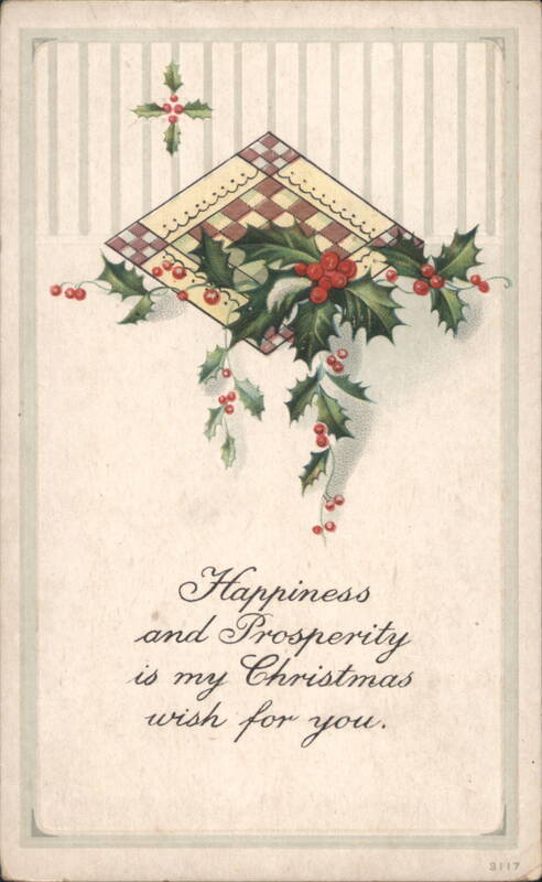 Christmas Greeting with Holly and Berries, Checkered Diamond Design