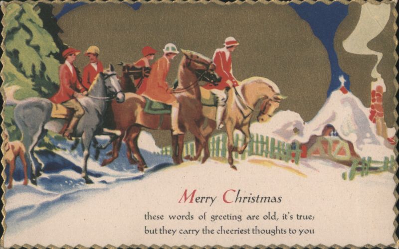 Merry Christmas Fox Hunt Scene with Riders on Horseback in Snow