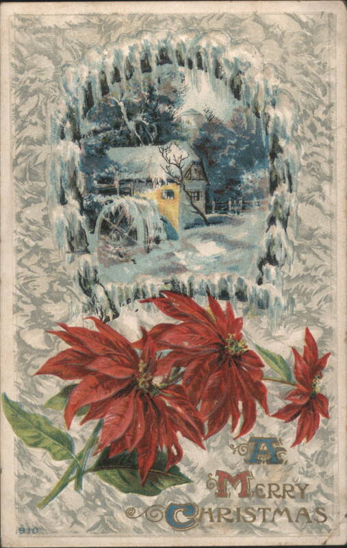 Winter Scene with Water Mill and Poinsettias, A Merry Christmas