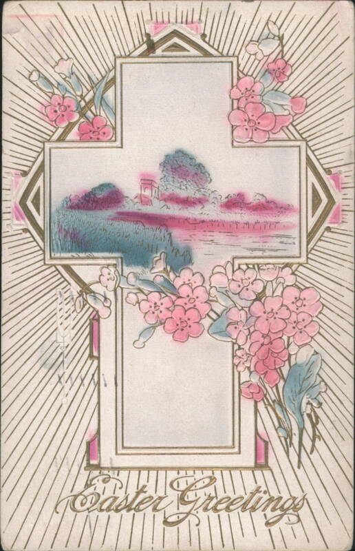 Easter Greetings Cross with Pink Blossoms and Radiant Design