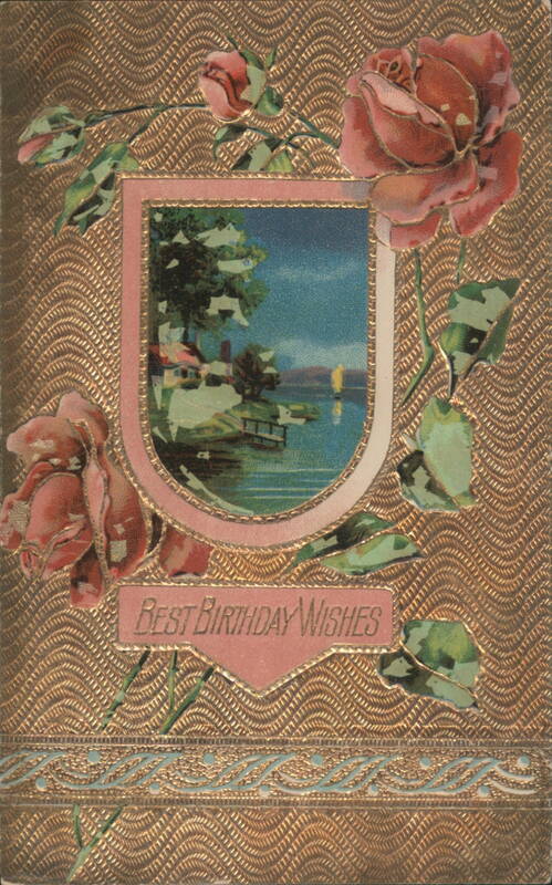 BEST BIRTHDAY WISHES with Roses and Scenic Landscape in Gold Embossed Design