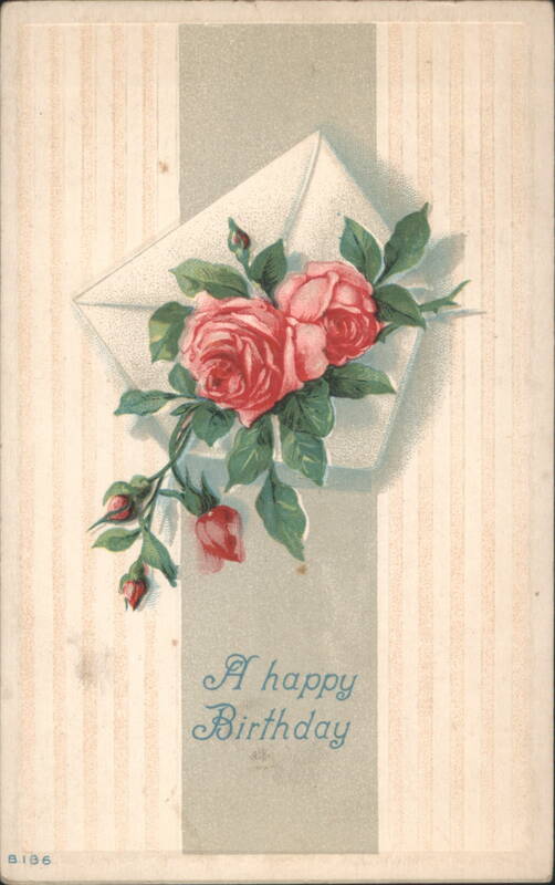 Birthday Greeting with Pink Roses and Envelope Illustration