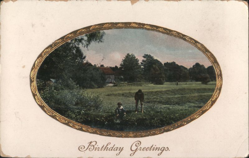 Birthday Greetings, Rural Scene with Adult and Child in Field