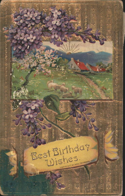 Best Birthday Wishes with Lilacs and Pastoral Village Scene