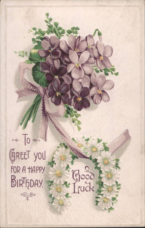 Happy Birthday Greeting with Purple Pansies, Daisies, and Good Luck