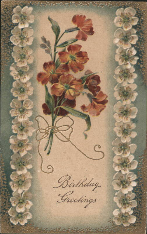 Birthday Greetings with Reddish-Orange Flowers and Decorative Border