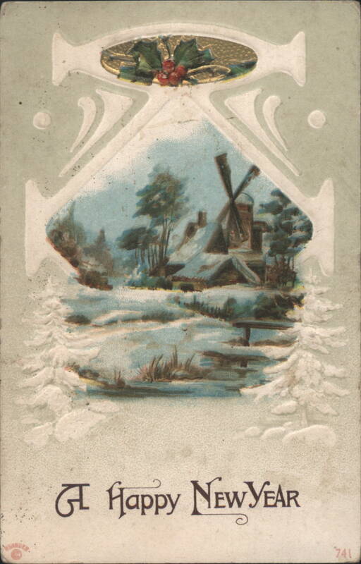 A Happy New Year Winter Windmill Scene with Holly and Berries