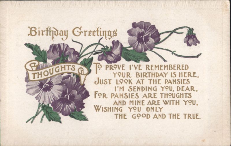 Birthday Greetings with Purple Pansies and Sentimental Poem