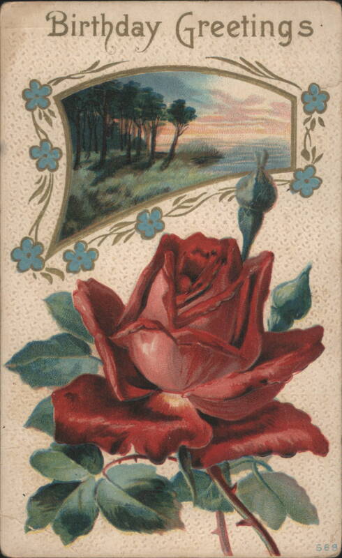 Birthday Greetings with Red Rose and Sunset Landscape