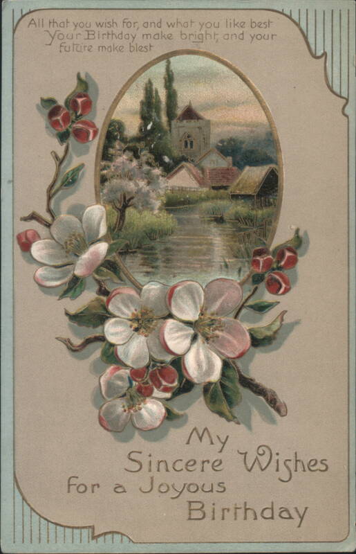 Joyous Birthday Wishes with Apple Blossoms and Village Landscape