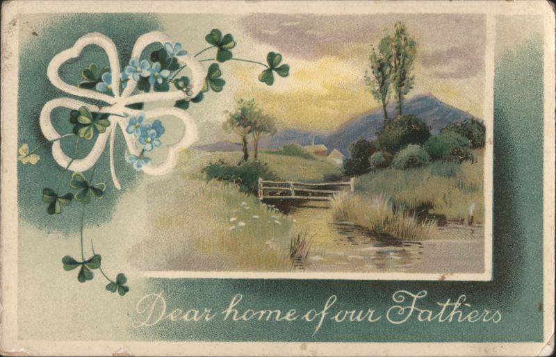 Four-Leaf Clover with Blue Flowers and Dear home of our Fathers Sentiment