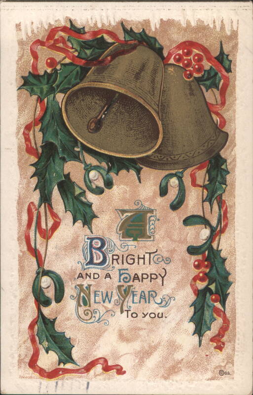New Year's Bells with Holly, Mistletoe, and Ribbons Greeting