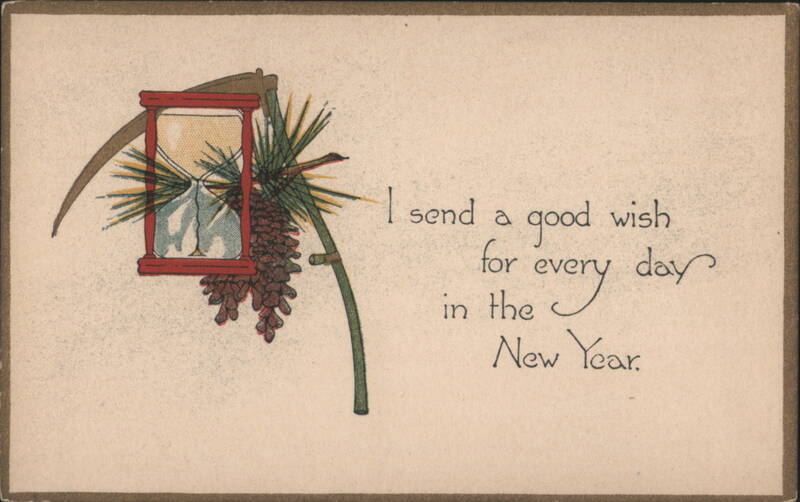 New Year's Wish with Hourglass, Scythe, and Pine Cones